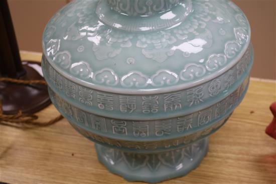 A large Chinese celadon glazed Hundred Shou vase